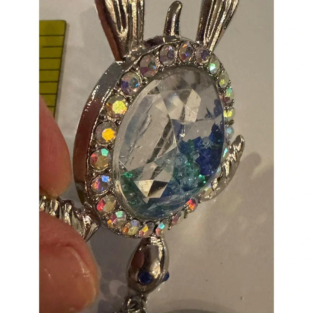 Silver Sea Turtle Shaker Keychain Blue Green Crystals AB Rhinestones Pearl Charm